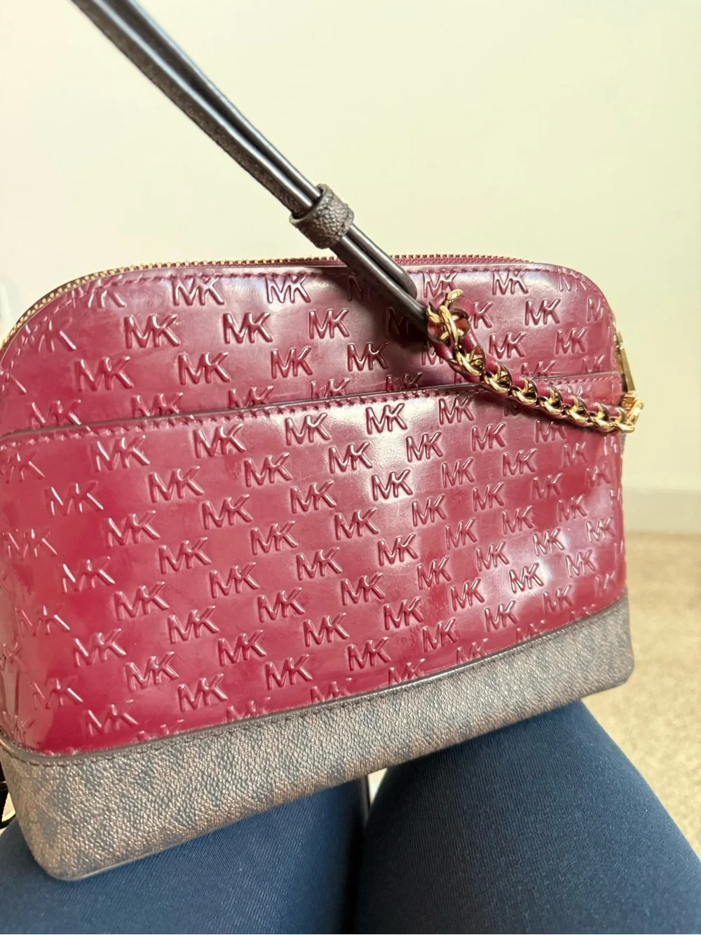 Michael Kors Burgundy and Brown MK-Embossed Crossbody